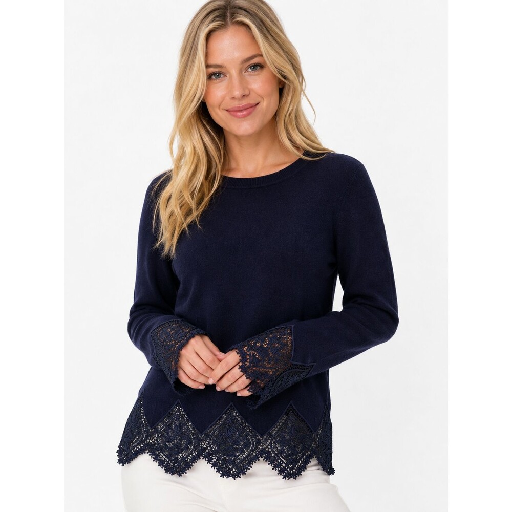 Ted Baker Sweater Navy Blue Lace Trim Size 1 Small Merino Wool Knit Top Preppy